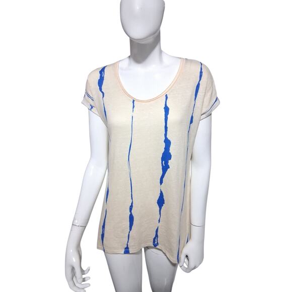 LYSSÉ New York Women's Oversized XS Paint Striped Linen Crew Quiet Luxury Top - Picture 6 of 10